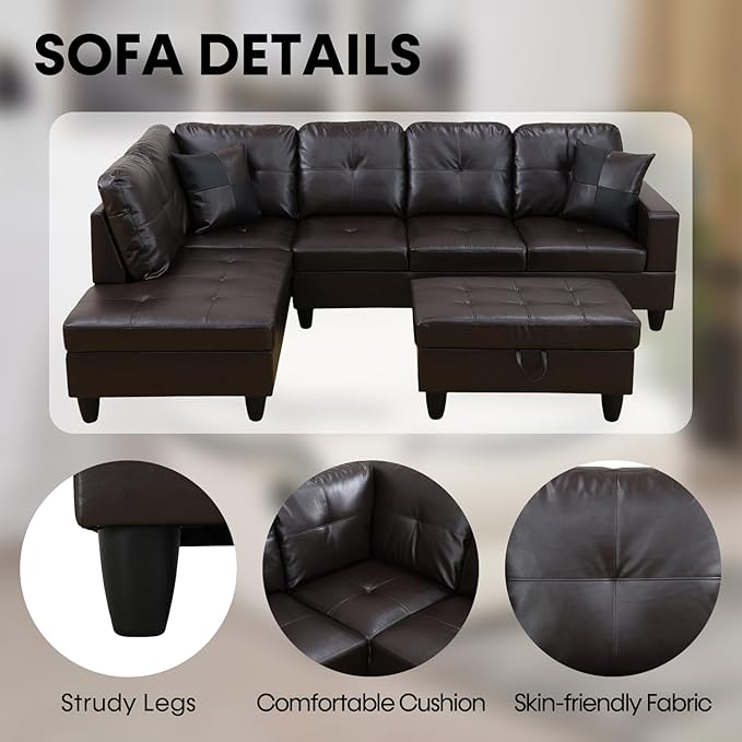 Sectional Couch for Living Room Furniture SetsBrown Leather Sectional Sofa L Shape Couch with Chaise and Storage Ottoman for Living Room/Apartment/Office（Facing Left Chaise）