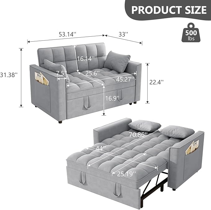 Hison Convertible Sleeper Sofa Bed 3 in 1 Pull Out Couch Bed with Adjustable Backrest Sectional Small Couches for Small Spaces Loveseat for Apartment Living Room (Gray Velvet)