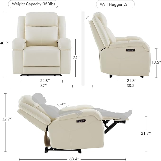 Watson &amp Whitely Genuine Leather Power Recliner Chairs for Adults Wall Hugger RV Recliner with Power Headrest &amp Charging Ports Electric Recliner Sofa Chair for Living Room Cream