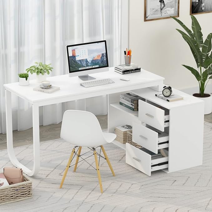 FUFU&ampGAGA 55.1 Large L-Shaped Office Desk with 39 File Cabinet Corner Computer Desk with 3 Drawers &amp 2 Shelves Workstation Executive Desk with Storage Shelf for Home Office (White)