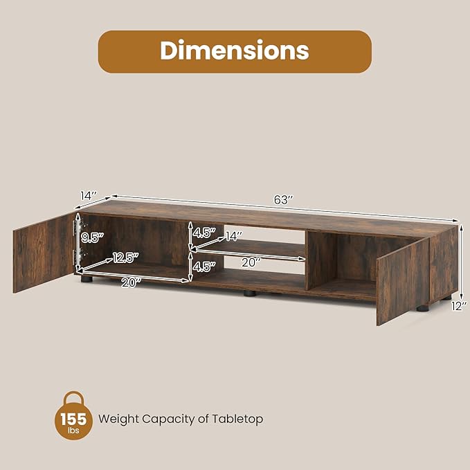 Tangkula Modern TV Stand for up to 70” TVs 63”L Minimalist Entertainment Center w/ 2 Doors &amp Open Shelves Media Console Table Storage Cabinet with 6 Support Feet for Living Room (Rustic Brown 6