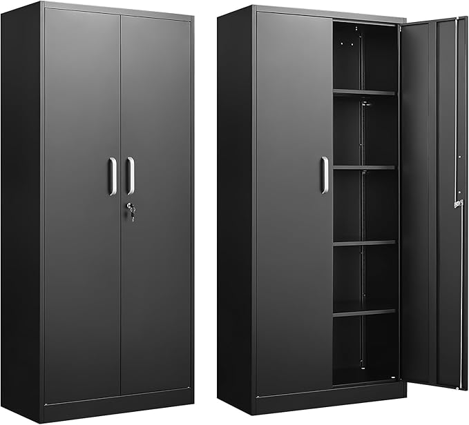 Metal Storage Cabinet with Adjustable Shelves Garage Cabinet with 2 Lockable Doors Garage Storage Cabinet Kitchen Pantry Cabinet - 71'H Black