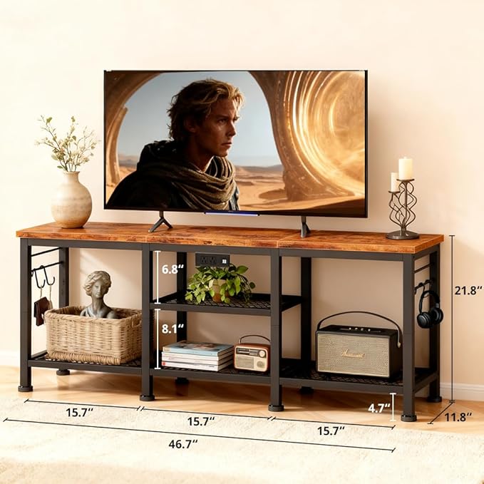 LUCKLIFE TV Stand with Charging Station for TVs up to 55 InchRustic Wood Entertainment Center with 3-Tier Storage ShelvesModern TV Media Console Table with 4 Hooks for Living RoomBedroom(Brown)