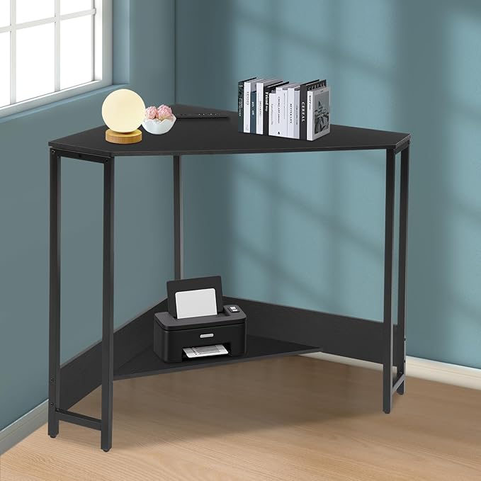 Small Corner Desk with Outlet Corner Table for Small Space Industrial Computer Desk w/USB Ports Triangle Desk for Home Office Workstation Living Room Bedroom (Black)
