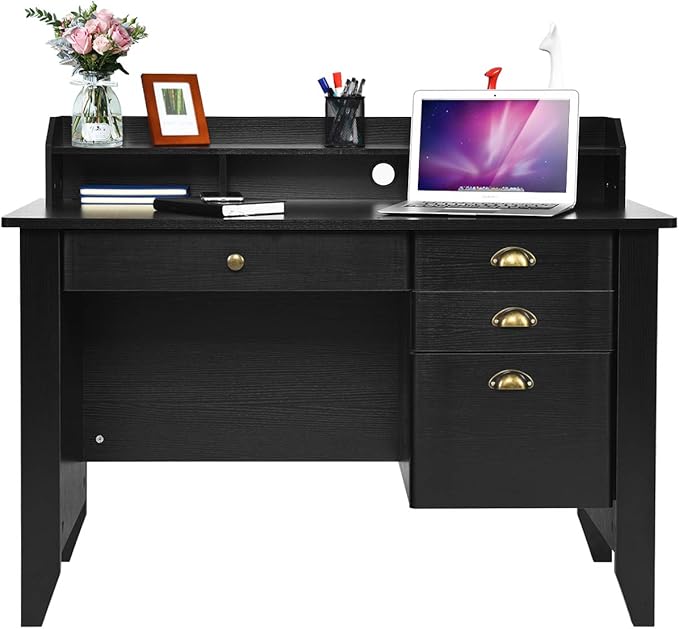 Catrimown Computer Desk with Drawers and Hutch Vintage Wood Home Office Desk Writing Study Teens Student Desk PC Laptop Table for Small Spaces Black