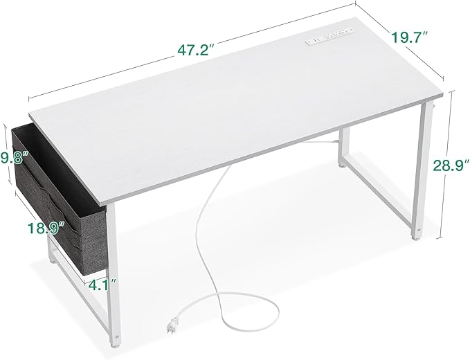 AODK 48 inch Small Computer Desk with Power Outlet for Small Spaces Home Office Student Laptop PC Writing Desks with Storage Bag Headphone Hook White