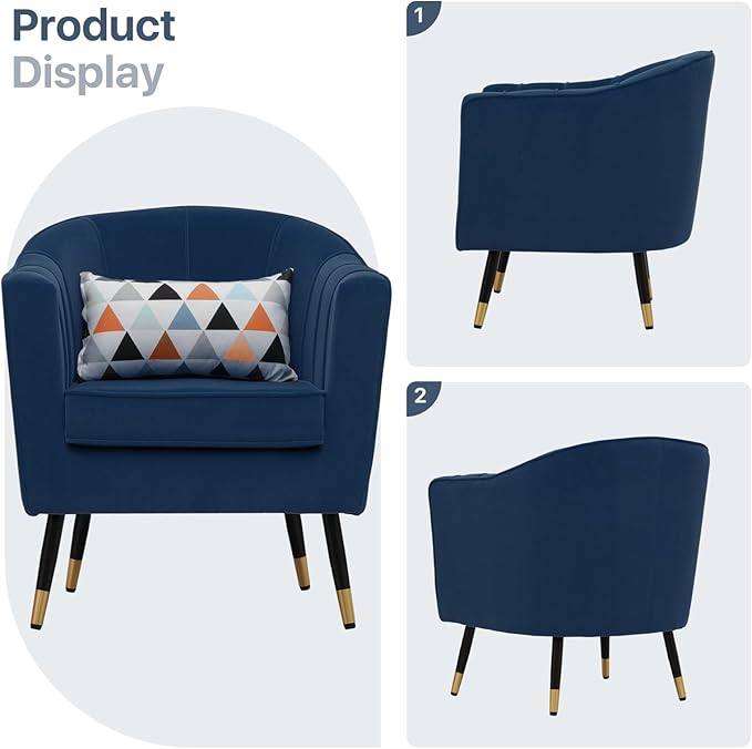 Mid-Century Modern Accent Chair Upholstered Armchair with Lumbar Pillow Single Sofa Chair with Metal Legs for Reading Comfy Barrel Chair for Living Room Bedroom Navy Blue