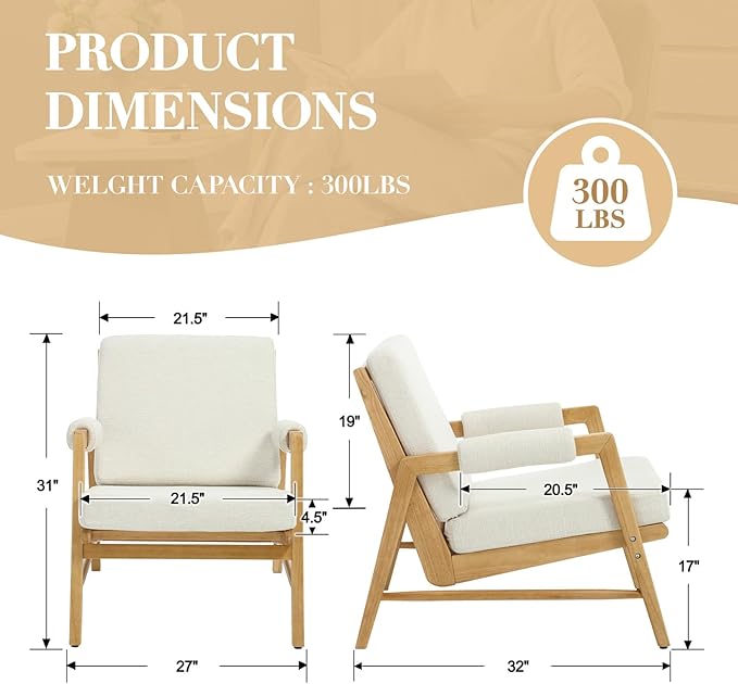 CIMOTA Mid Century Modern Accent Chair Set of 2 Linen Upholstered Living Room Chairs with Arms Comfy Reading Chair with Solid Wood Frame High Back for Bedroom Waiting Room Office Beige