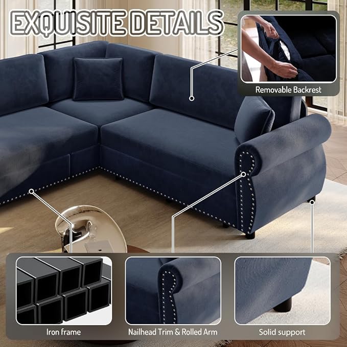 88.2 Sleeper Sofa Bed Sectional Couches for Living Room/Apartment Chenille L Shaped Couch with Pull Out Couch Bed Convertible Sectional Sofa with Rolled Arm &amp Nailhead Trim Blue