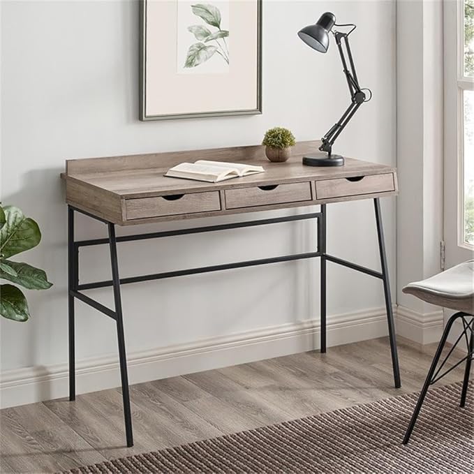 Pemberly Row 42 Engineered Wood 3-Drawer Desk Gray Wash Finish Angled Front Design Cutout Handles Cord Management Minimalistic Metal Legs Modern Writing Desk for Home Office