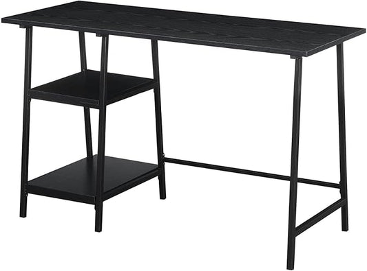 Pemberly Row Modern Trestle Wood Metal Desk Black Wood Grain Finish 47 in x 20 in x 29.25 in Particle Board and Powder Coated Metal Removable Shelves Home Office Workstation Desk