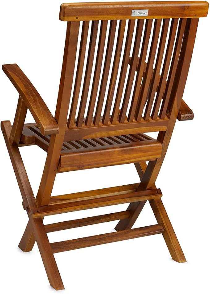 TeakCraft Teak Folding Arm Chair - 2 Piece Foldable Chairs Set - Fully Assembled - Solid Wooden Outdoor Indoor- Wood Dining Room Kitchen Patio Bistro Chairs The Mille