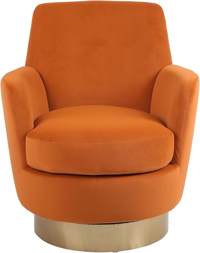 Velvet Swivel Barrel Chair Ergonomic Accent Chairs for Reading and Living Room 360 Swivel with Gold Stainless Steel Base (Orange)