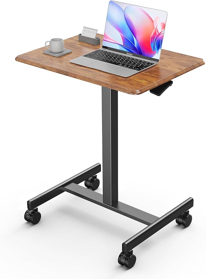 Sweetcrispy Small Mobile Rolling Standing Desk - Overbed Table Mobile Portable Rolling Laptop PC Table with Locking Wheels Adjustable Height Computer Workstation for Home Office 19 InchBrown