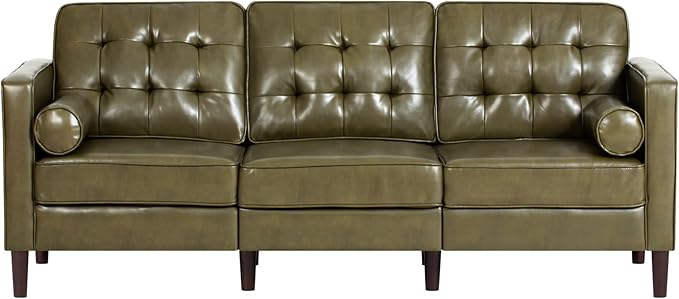 84” Faux Leather Sofa with Tufted Backrest Upholstered 3-Seat Couch with 2 Bolster Pillows Mid-Century Sofa with Wooden Legs for Living Room Bedroom Office Olive Green