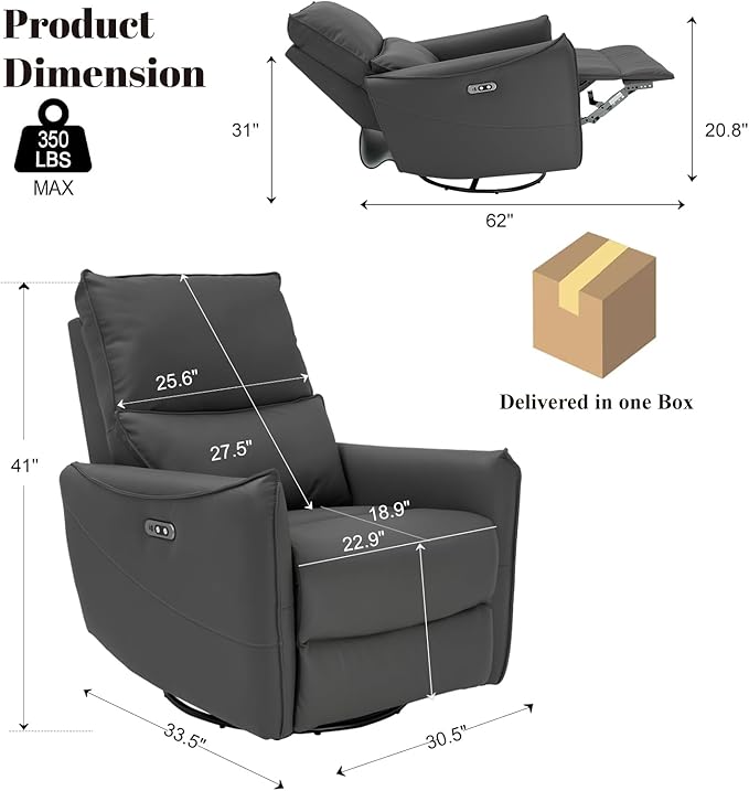 Recliner Sofa Rocking Chair Swivel Power Reclining Adjustable 360 Degree Spinning with Ergonomics Lumbar Support Natural Leather for Home Theater Seating Living Room Bedroom Nursery Grey