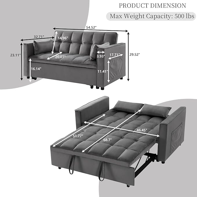 54'' 3 in 1 Convertible Sleeper Sofa Bed Futon Couches Bed for Living Room with Side Pocket | Adjustable Backrest| Velvet Fabric | Pull Out Couch | Love Seat Sofa Grey