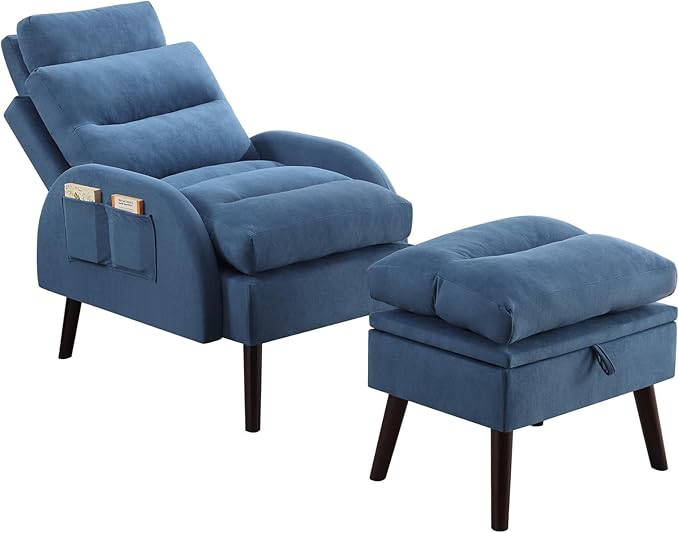 Accent Chair with Ottoman Velvet Comfy Reading Chair and Ottoman Set Modern Oversized Velvet Lounge Sleeper Armchair with Adjustable Backrest for Living Room Bedroom Blue