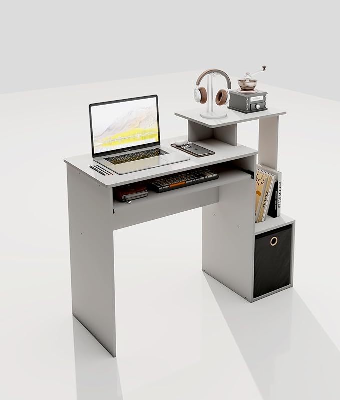 White Computer Desk with Drawers Small Writing Desk with Storage Shelves for Home Office Bedroom Study Living Room