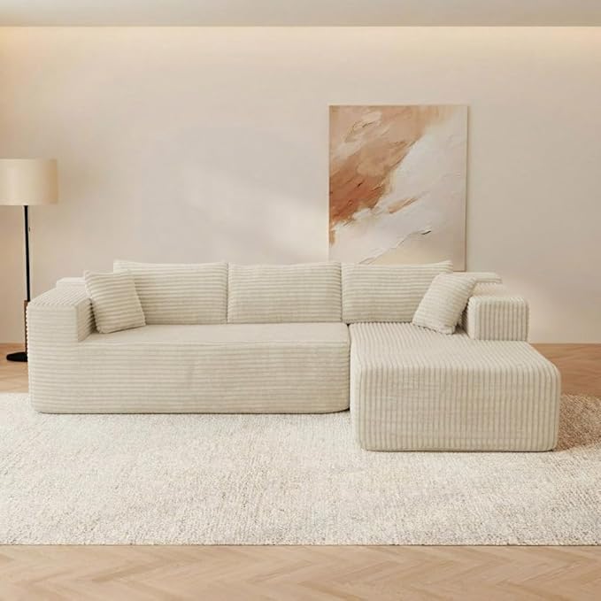 FUFU&ampGAGA 105.9” Sectional Sofa with Chaise L-Shape Corduroy Cloud Couch with Pillows Modern Boneless Sofa for Living Room Apartment No Assembly Required Beige 105.9”W x 68.9”D x 26.4”H
