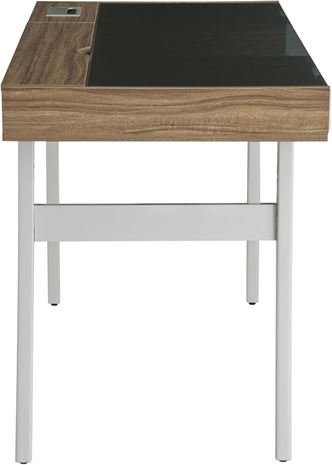 51 Compact Computer Desk with Black Tempered Glass Top Easy-Access Back Storage Compartment 2 Drawers Open Shelf and Cable Management Stylish Home Office Desk with White Steel Frame Walnut