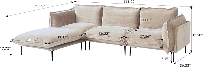 WJShome Velvet Modular Sectional Sofa with Chaise111 3-Seater Sofa with Ottomans L-Shaped Couch for Living Room 8 High Metal Legs and Easy to Clean Oatmeal