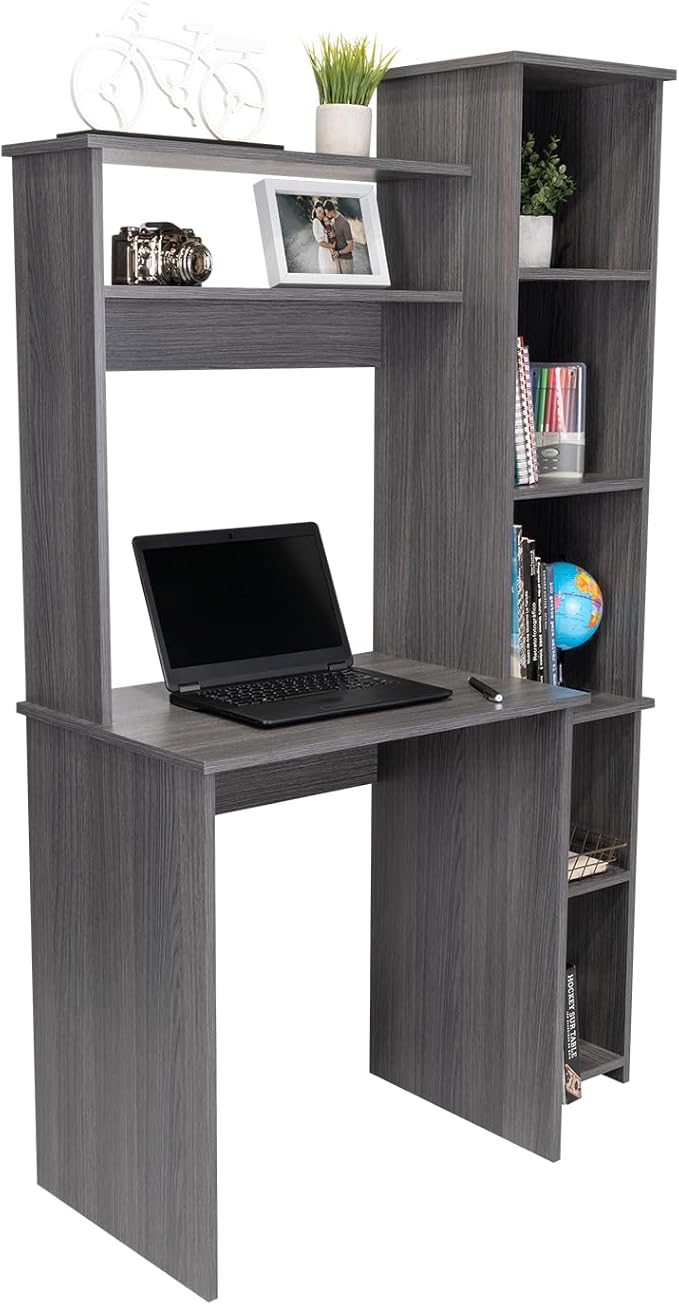 Writing Desk with Hutch and Shelves Two Superior Shelves Five Cubbies for Home Office Living Room-Smokey Oak