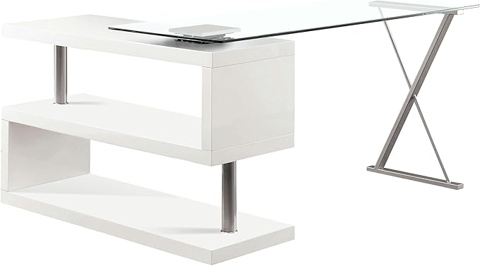 Furniture of America Lilliana Modern Swivel Glass Top S-Shaped Writing Desk for Home Office Studying Room White