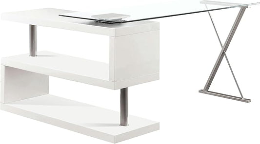 Furniture of America Lilliana Modern Swivel Glass Top S-Shaped Writing Desk for Home Office Studying Room White