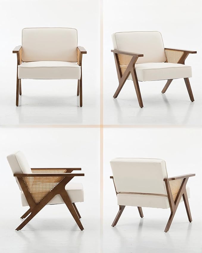 Linen Upholstered Accent Chair Mid Century Modern Vintage Rattan Vanity Chair with Wood Armrest and Legs for Living Room BedroomBeige