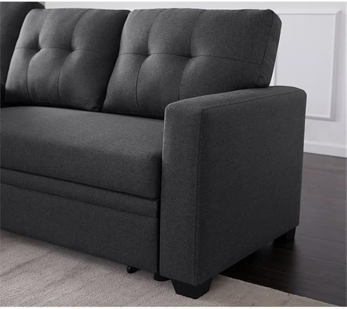 Devion Furniture L-Shaped Polyester Fabric Reversible Easy Convertible Pull-Out Sleeper Sectional Sofa/Storage Chaise with Tufted Back Cushions and Track Arms in Dark Gray