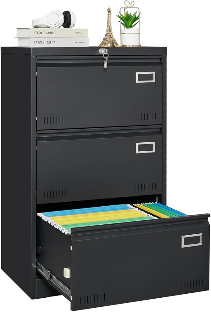 Metal Lateral File Cabinet with 3 Drawers Office Filing Storage Locking Cabinet for Home Office Heavy Duty Office Storage Cabinet for Legal/Letter/A4/F4 Size (Require Assembly) (Black)