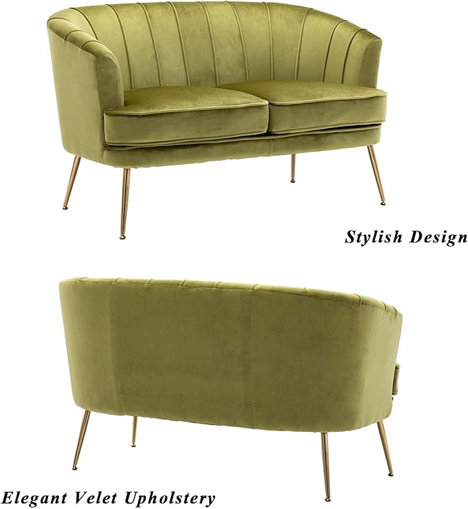 Artechworks Contemporary Velvet Loveseat Chair with Gold-Finished Metal Legs 2-Seat Sofa for Living Room Bedroom Home Office Grass Green