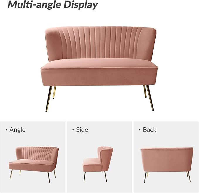 HULALA HOME Velvet Loveseat Sofa with Gold Legs Mid-Century Modern Upholstered Love seat Couch Tufted Small 2-Seat Sofa Armless for Living Room Bedroom Apartment Small Spaces Pink
