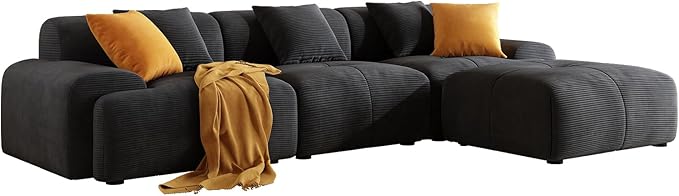 113 Modern L-Shaped Modular Sectional Sofa for Living Room Corduroy Upholstery Gray 3-Seater Cloud Couchand Movable Ottoman – No Assembly Dark Gray