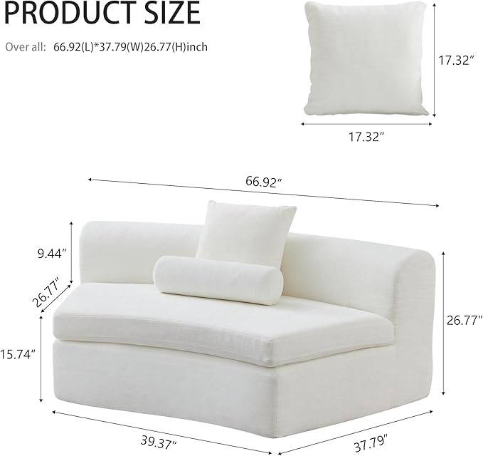 67 Modular Chenille Sofa Chair DIY Modular Single-Unit Sofa Upholstered Deep Seat Curved Foam Sofa Couch with Pillow for Apartment Living Room BedroomOffice (Middle White)