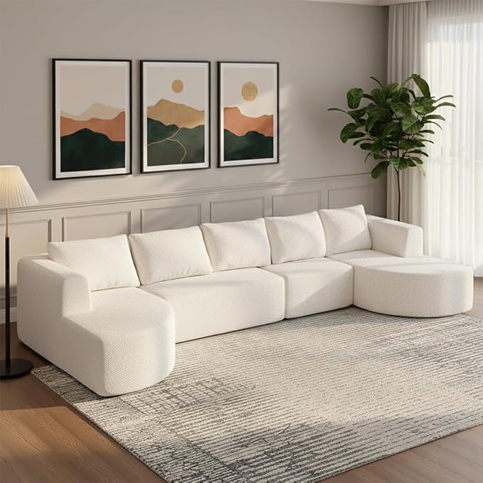 144 Modular Sectional Sofa No Assembly Required U-Shaped Cloud Couch with Chaise Modern Curved Boneless Sofa in Luxurious Boucle Fabric Deep Seats Memory Foam (White) | Zero-Assembly Design Clou