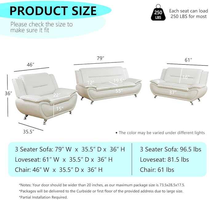 Leather Sectional Sofa Couch Set Living Room Furniture Sets Modern Faux Leather Sofa Couches with Metal Feet Easy Clean 2 Loveseat &amp 1 Chair for Home/Office/Club/Hotel 2+2+1 Cream White