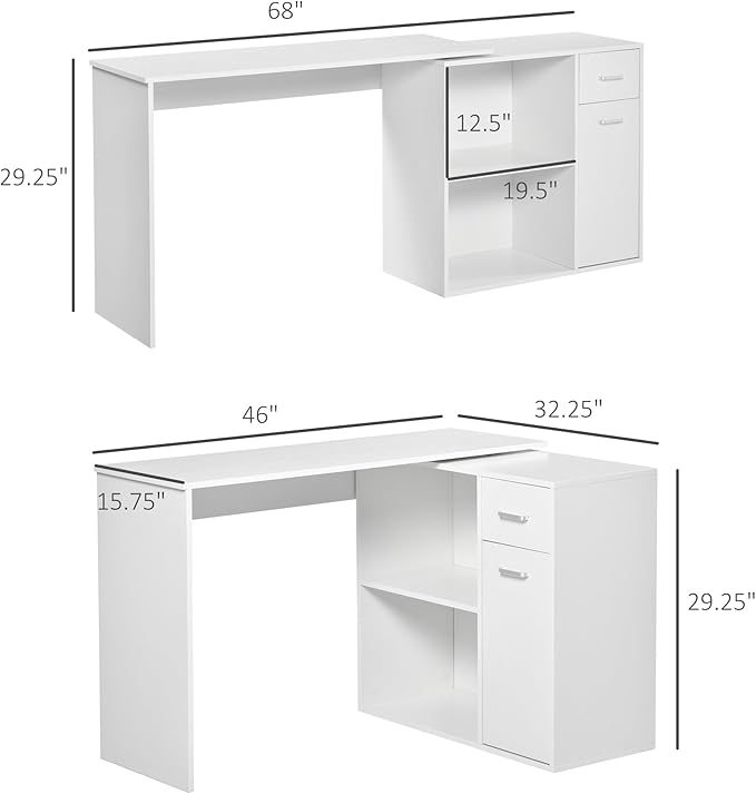 HOMCOM L Shaped Computer Desk 180° Rotating Corner Desk with Storage Shelves Drawer and Cabinet Study Workstation for Home Office White