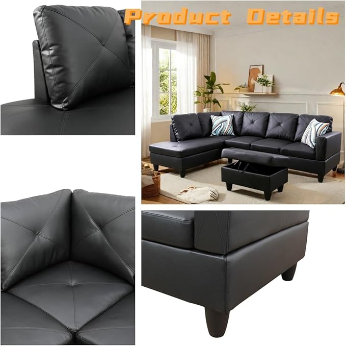 FONTOI L Shaped Sectional Couch with Otttoman 97 Leather Sectional Sofa for Living Room Modular Couches with Cup Holders for Bedroom Apartments Black