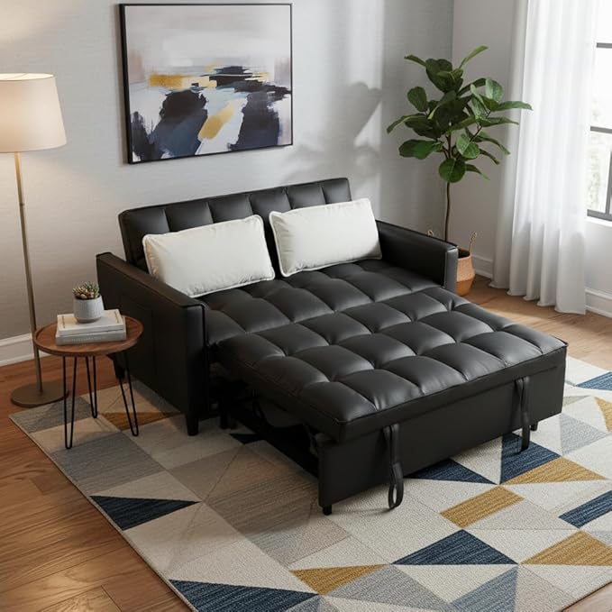 3 in 1 Convertible Sofa Bed Love Seat Sleeper Bed with Side Pockets PU Fabric Pull Out Couch with Adjustable Backrest for Living Room Bedroom Apartment Black
