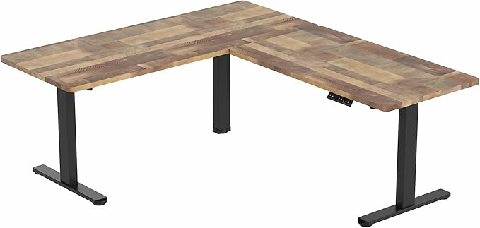 VIVO Electric Height Adjustable 67 x 60 inch Corner Stand Up Desk 2 Reclaimed Wood Solid Table Tops Black Frame Memory Controller L-Shaped Workstation 3E Series DESK-KIT-3E6BP