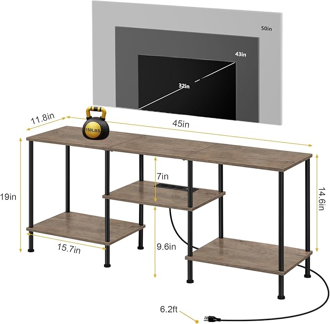 50 Inch TV Stand with Power Outlet Small Entertainment Center with Storage 3 Tier TV Consoles for Living Room Bedroom Office Farmhouse TV Media Console Table for 50 43 40 32 Inch TV Rustic Grey