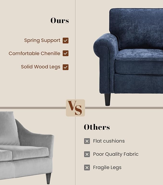 Kingfun Loveseat 2 Seater Couch Mid Century Modern Chenille Sofa with Rolled Arms and Deep Seats Fluffy Comfort for Living Room Apartment Easy Assembly Blue