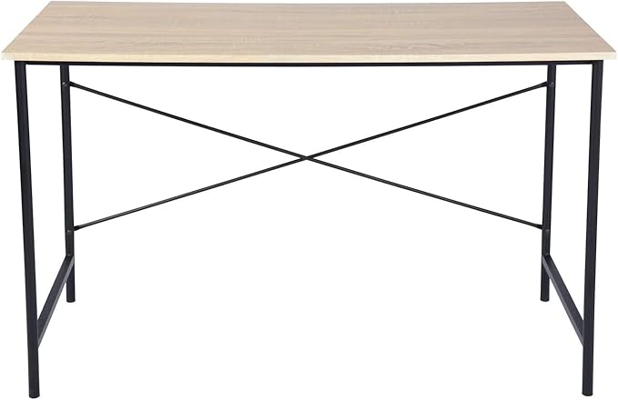 Modern Computer Desk with Light Wood Top 47.2 x 23.6 Writing Table Black Metal Frame with Cross Brace Minimalist Home Office Desk for Study or Workstation or Entryway