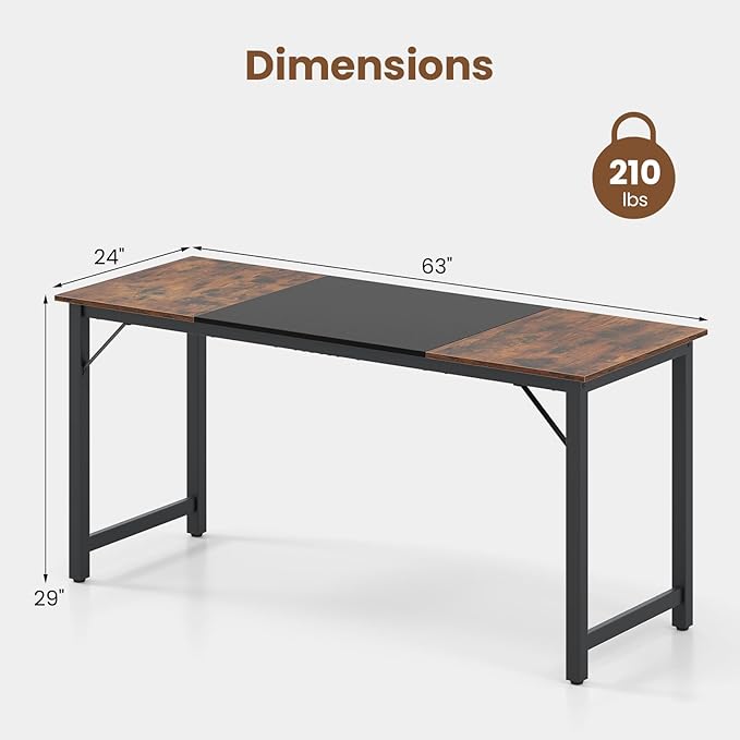 Giantex 63 Inch Computer Desk Modern Simple Office Desk with Triangle Structure Metal Frame Computer Workstations for Home Office Study Conference Room Rustic Brown and Black