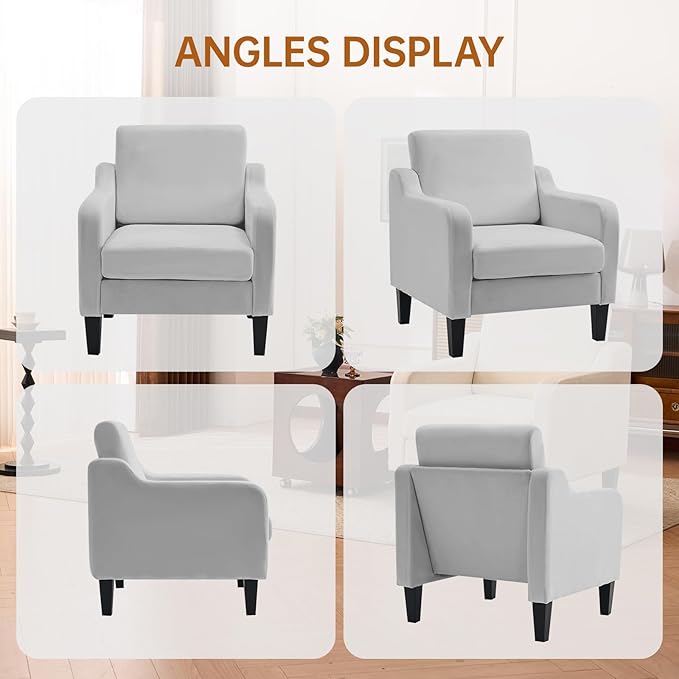 Accent Chair for Living Room Modern Velvet Living Room Chairs with Wide Backrest Upholstered Comfy Chair with Cushion Oversized Sofa Chair with Wood Legs Single Armchair Grey