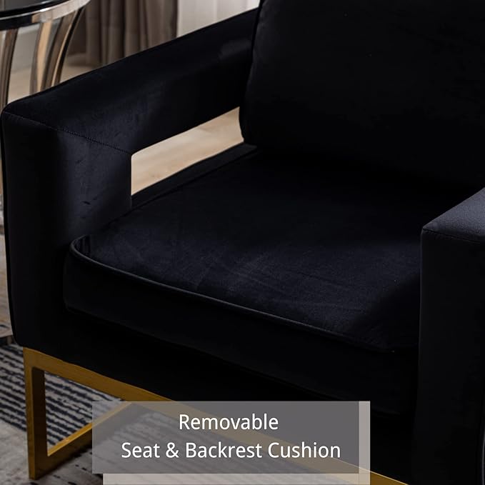HEAH-YO Modern Accent Chairs Set of 2 Comfy Upholstered Living Room Chairs with Armrests and Golden Metal Legs Modern Side Chairs for Living Room Bedroom Black