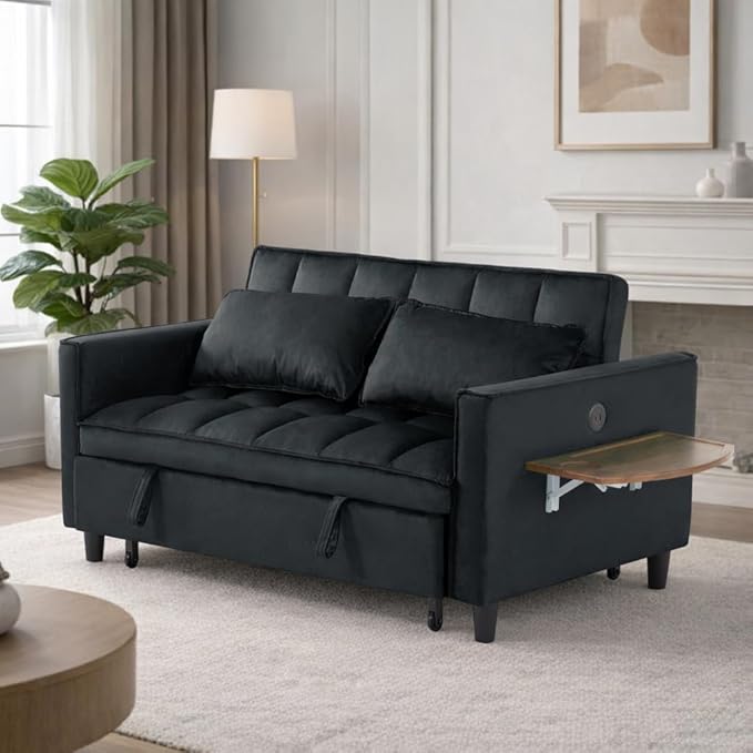 3 in 1 Sofa Bed Pull Out Couch with Side Pockets Loveseat Sleeper Sofa Bed with Side Table Pull Out Couch with USB Ports for Living Room Bedroom Apartment Black