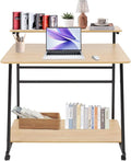 3 Tier Home Office Desk Adjustable Rolling Computer Desk with Wheels &amp Foot Pads for Home Office Study Apartment Dorms 31.5 Desktop (Black Frame &amp Log Color Board)
